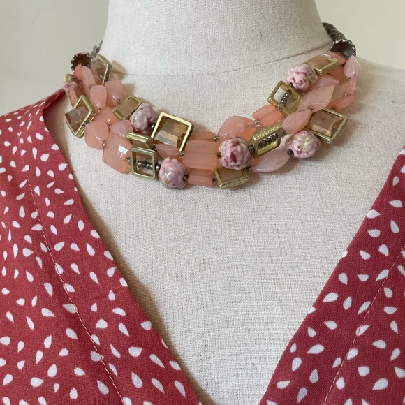 Anthropologie Jewelry - Chunky Pastel Statement Necklace Pink Peach Gold Beaded Layered Bib Necklace